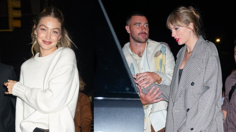 Gigi Hadid smiling; Travis Kelce holding Taylor Swift's hand
