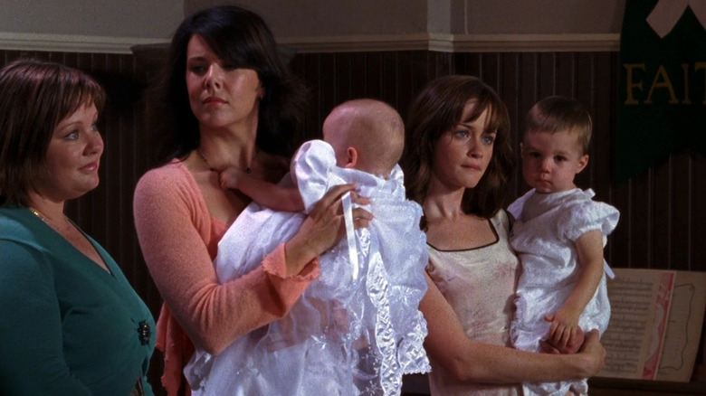 Sookie (Melissa McCarthy), Lorelai (Lauren Graham), and Rory (Alexis Bledel) attend a baptism in "Always a Godmother, Never a God"