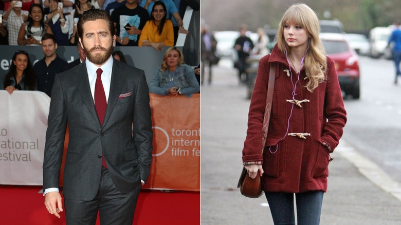Jake Gyllenhaal wearing a grey suit and red tie and Taylor Swift wearing a red coat and pink wired headphones