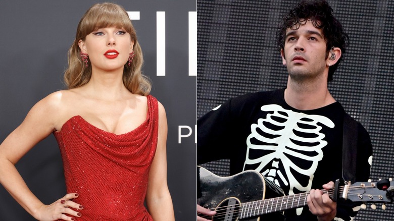 Taylor Swift wearing a red asymmetrical mini dress and Matty Healy strumming a guitar wearing a skeleton onesie