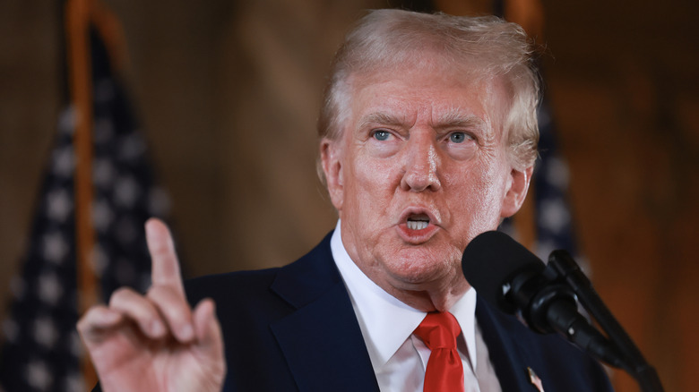 Donald Trump gesticulates during August 2024 press conference