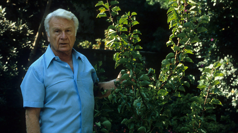 Eddie Albert posing with trees