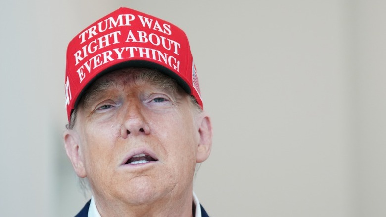 Donald Trump speaks wearing a hat that reads "Trump was right about everything!" in Washington, DC (2025)