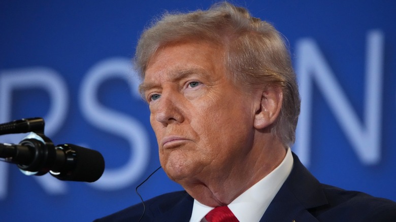 Donald Trump delivers a statement during a press conference with Vladimir Putin in Anchorage, AK (2025)