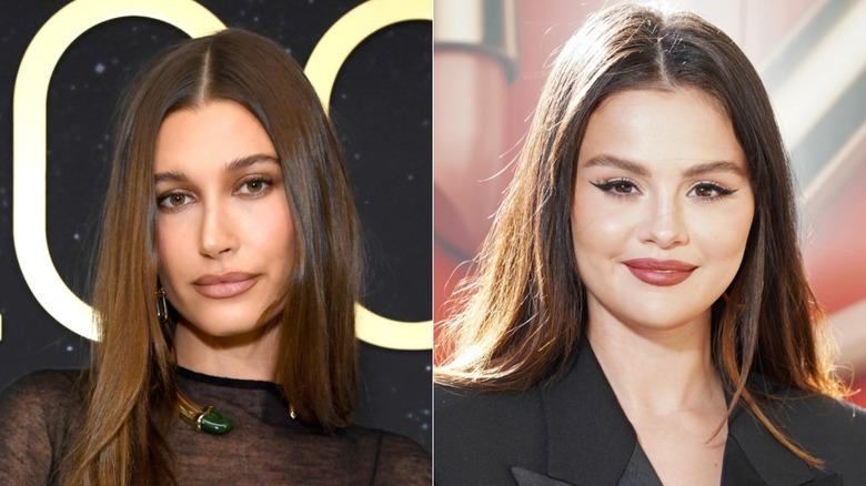 Hailey Bieber, left, and Selena Gomez, right