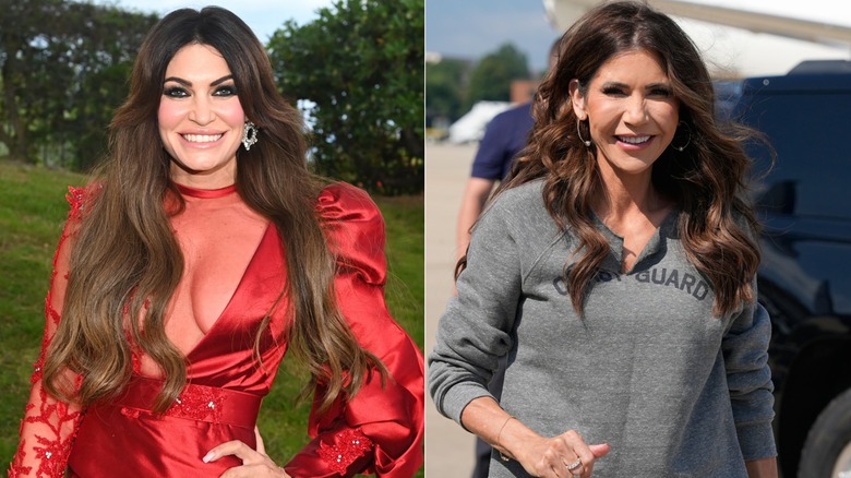 Split image of Kimberly Guilfoyle outdoors in a red dress, Kristi Noem in a parking lot in a sweat top