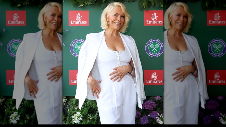 Hannah Waddingham attends as a guest of Emirates, Official Airline Partner of 2026 Wimbledon Championships, at the All England Lawn Tennis and Croquet Club on July 09, 2026.