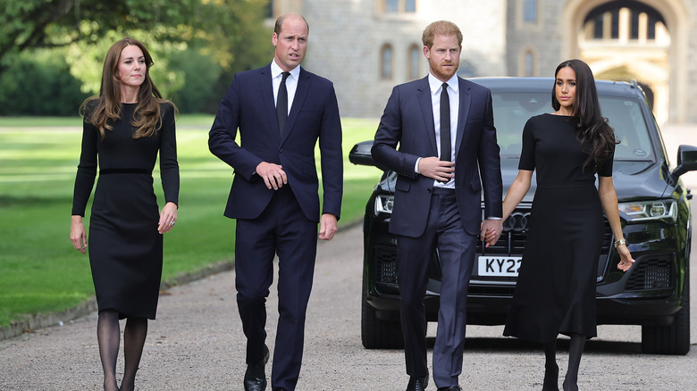 Kate, William, Harry, Meghan walking