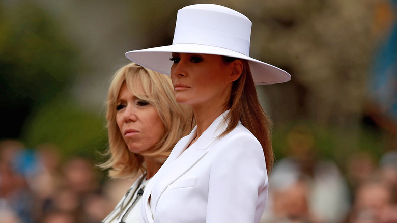 Melania Trump wearing a white hat in April 2018