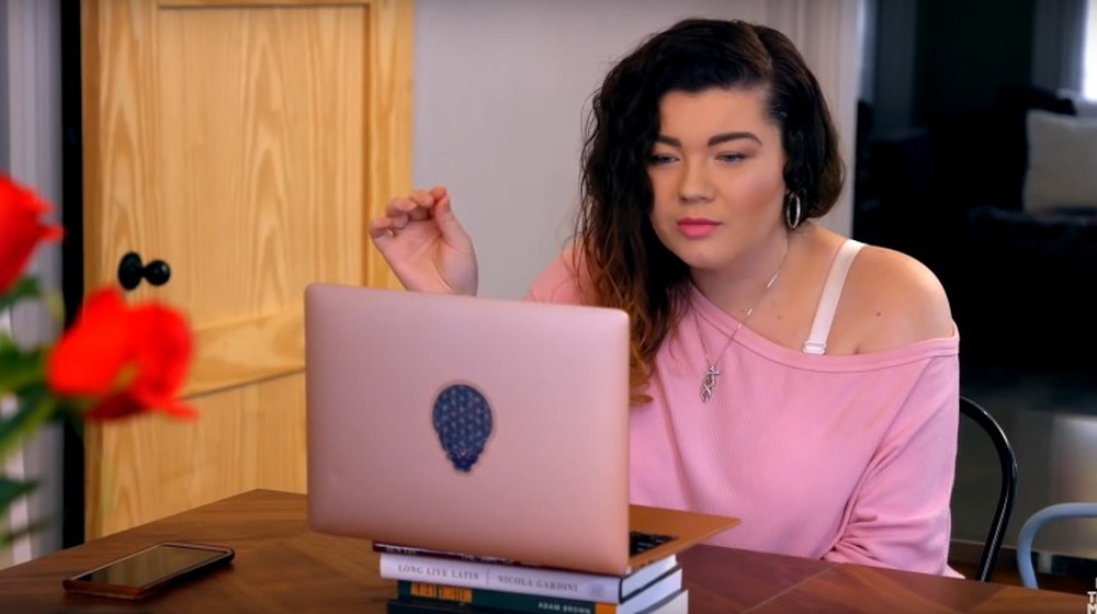 Amber Portwood wearing a pink off shoulder top talks into a computer on Teen Mom OG