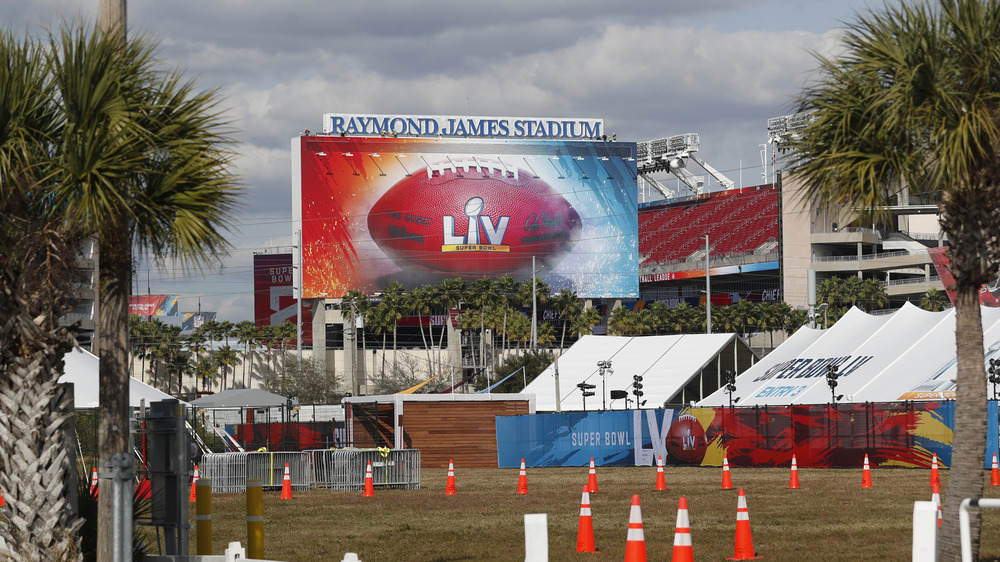 Super Bowl LV stadium and sign