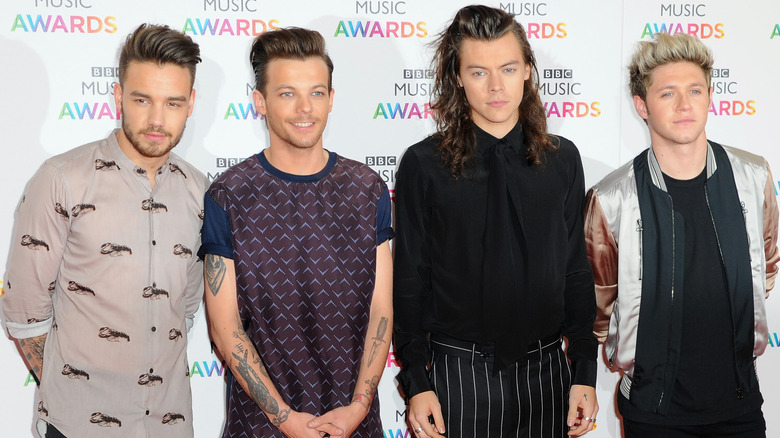 Liam Payne, Louis Tomlinson, Harry Styles, and Niall Horan posing on the red carpet