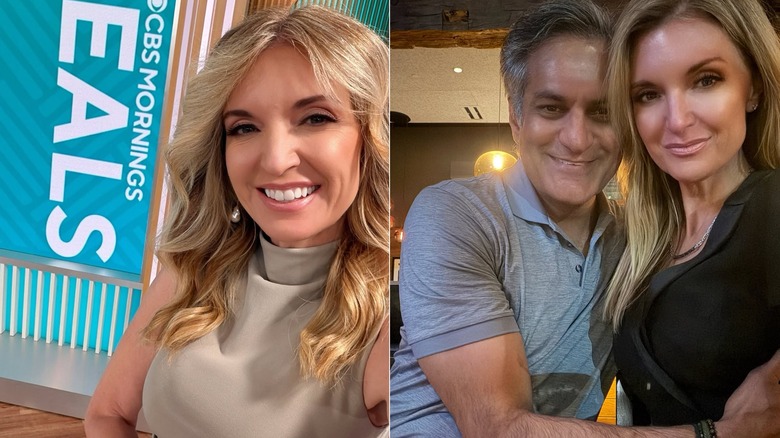 Split image of Jen Coffey taking a selfie and smiling with her husband.
