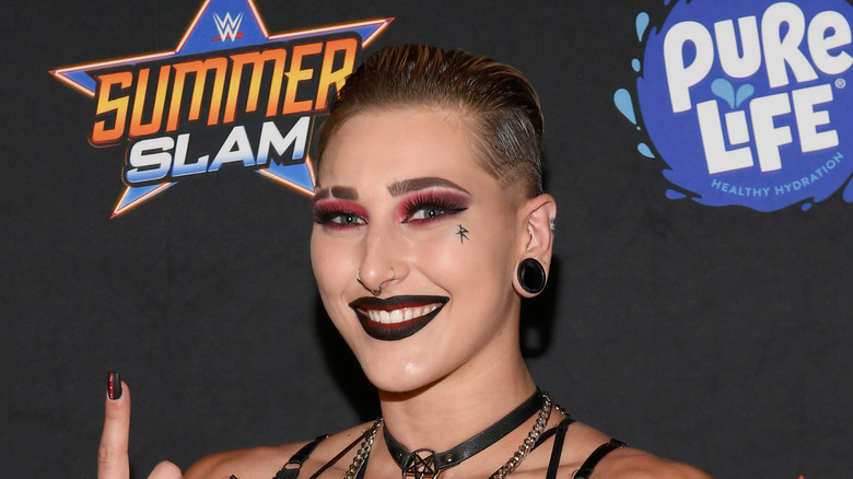 Rhea Ripley red eyeshadow black lipstick