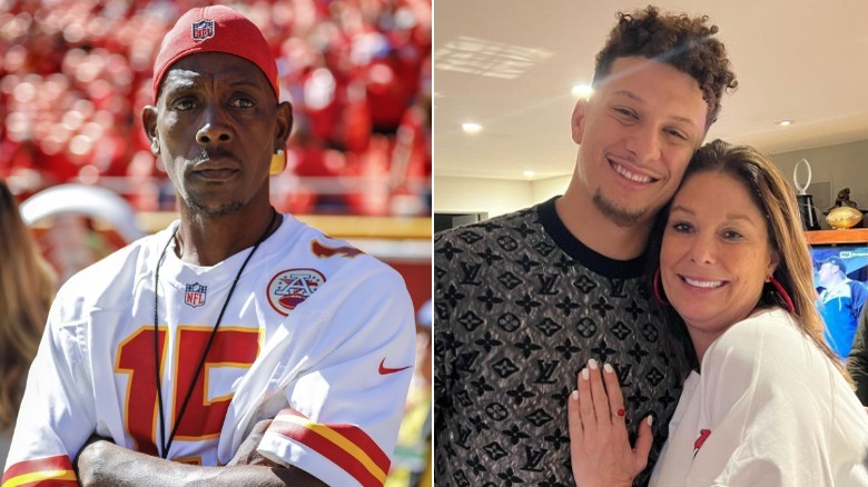 Pat Mahomes on the field; Patrick Mahomes and Randi Mahomes hugging