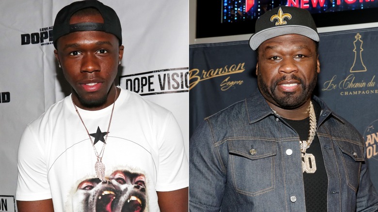 A split image of Marquise Jackson and 50 Cent looking straight into the lens.