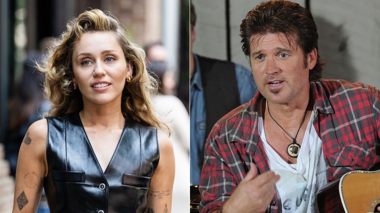 A split image of Miley Cyrus looking away from the camera as Billy Ray Cyrus makes a gesture with his hand.