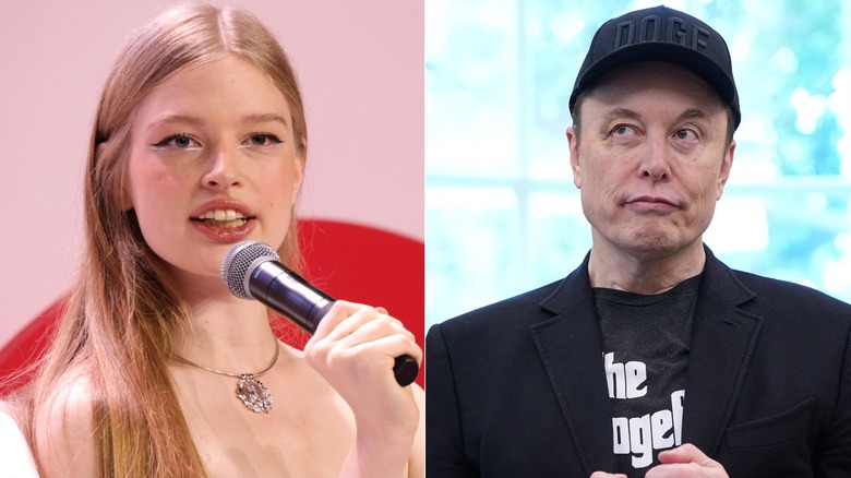 A split image of Vivian Jenna Wilson speaking into a microphone as Elon Musk makes a face.