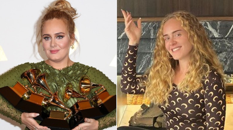 Adele on left holding Grammys, posing and smiling on the right