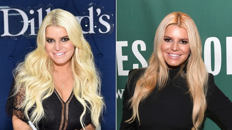 Jessica Simpson in a black, low cut dress on the left, in a black turtleneck on the right