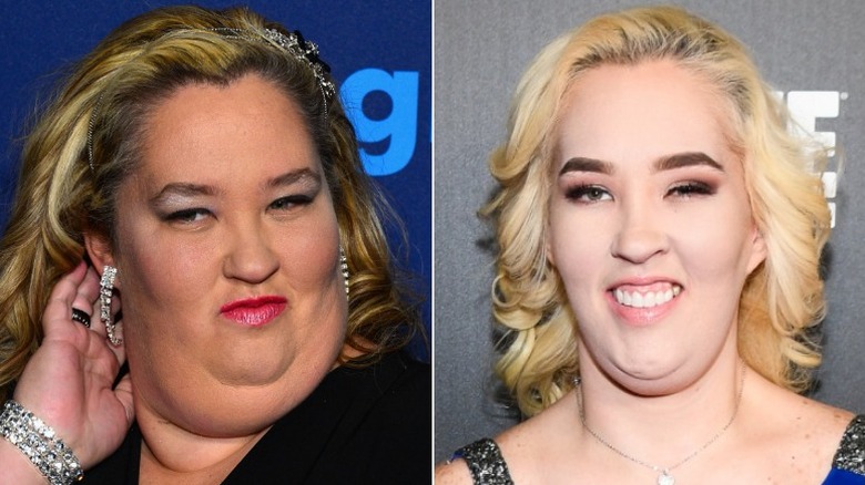 Mama June with silver jewelry on left, slimmed down and smiling on right