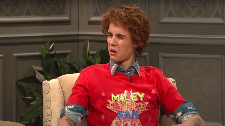 Justin Bieber making a funny face in an SNL sketch