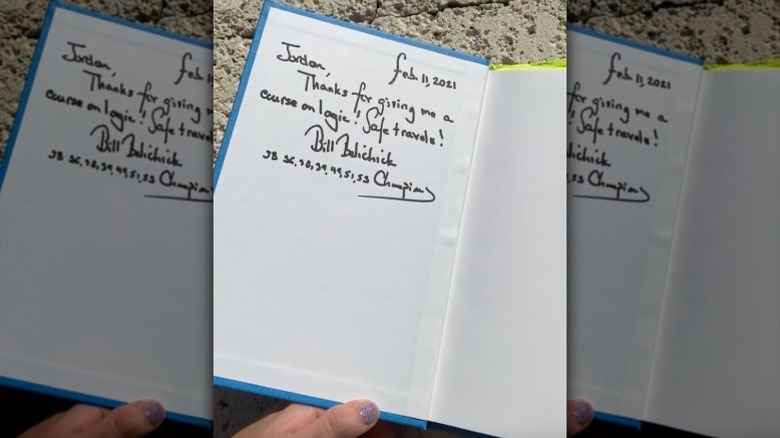 Image of Bill Belichick's autograph on Jordon Hudson's book