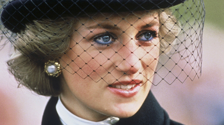 Princess Diana poses in a dark hat. 