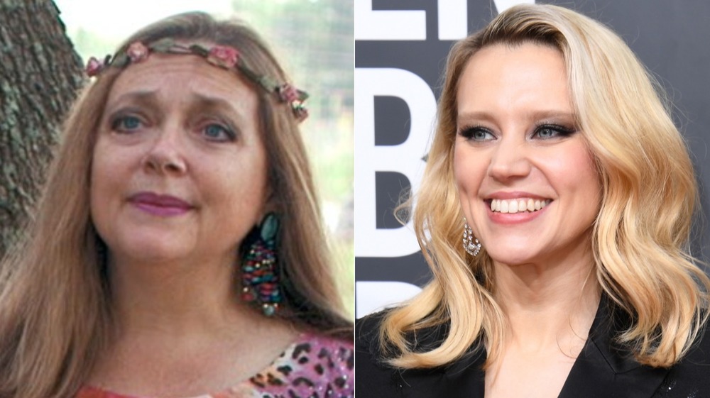 Carole Baskin frowning, Kate McKinnon smiling