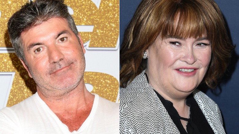 Simon Cowell tilted head Susan Boyle smiling