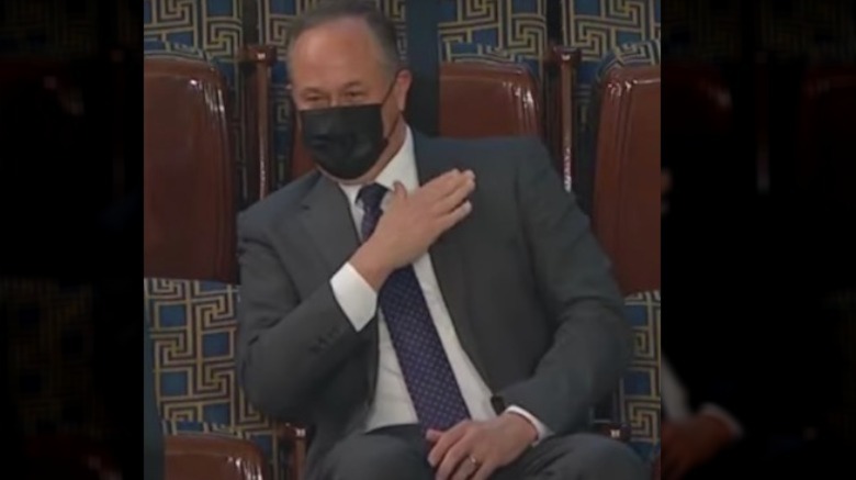 Doug Emhoff wearing mask and sitting at the joint Congress address 