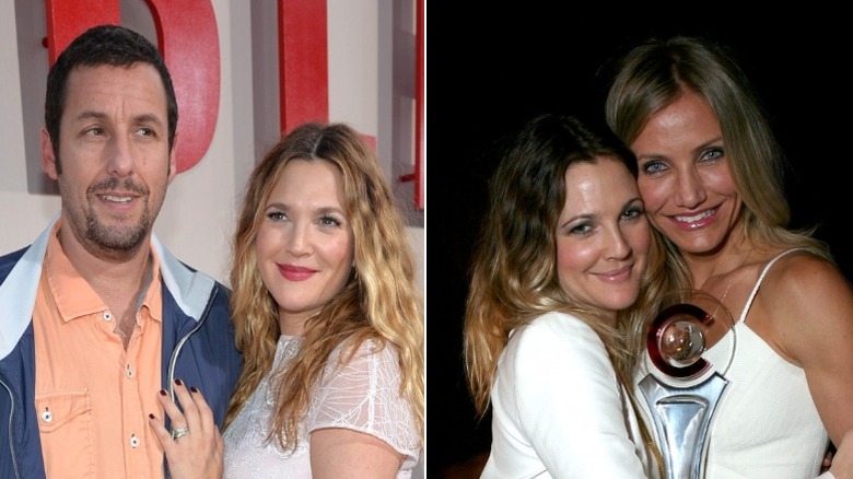 Adam Sandler and Drew Barrymore at the Blended premiere in 2014; Drew Barrymore and Cameron Diaz at CinemaCon in 2011