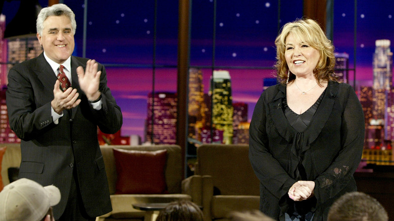 Jay Leno claps as Roseanne Barr jokes on The Tonight Show