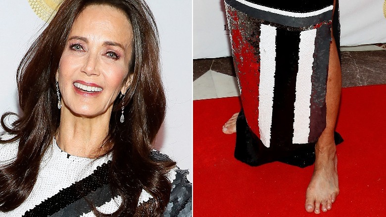 Lynda Carter without shoes on a red carpet