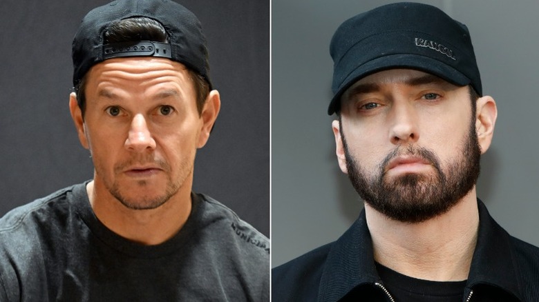 Mark Wahlberg; Eminem posing in split image