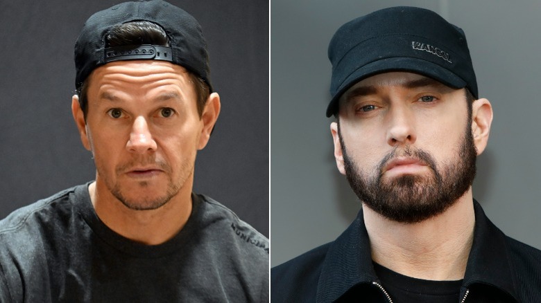 Mark Wahlberg; Eminem posing in split image