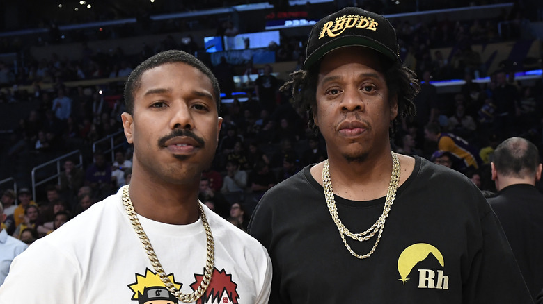 Michael B. Jordan and Jay-Z attend Los Angeles Lakers and Milwaukee Bucks basketball game at Staples Center