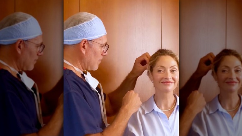 Rebecca Gayheart smiles as Dr. Jason Diamond touches the area above her ear.