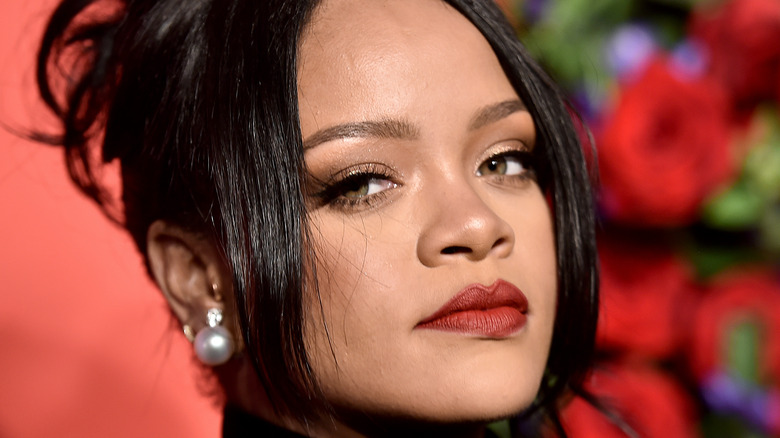 Rihanna wearing red lipstick