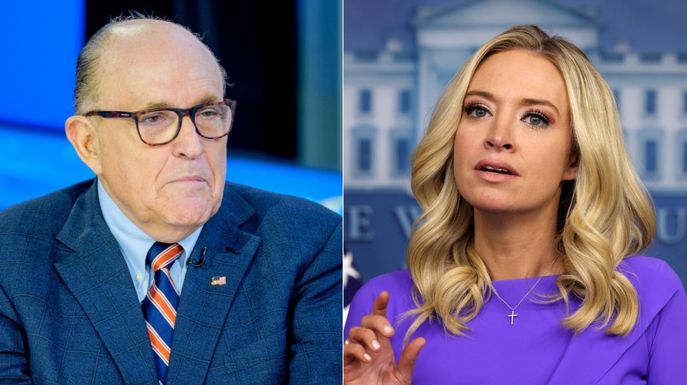 Split image of Rudy Giuliani and Kayleigh McEnany both looking serious