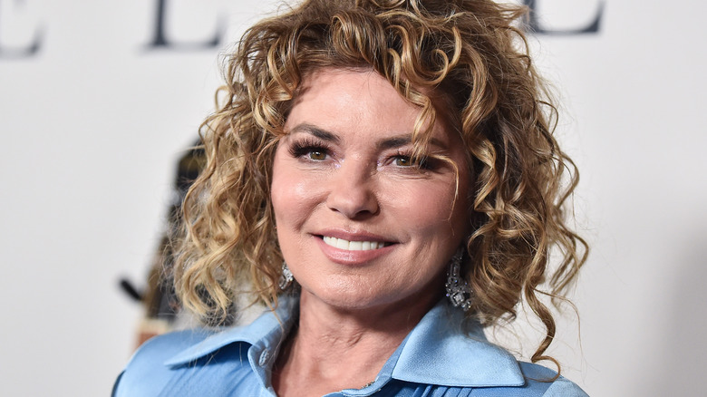 Shania Twain smiles in a blue shirt