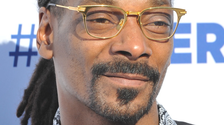 Snoop Dogg poses in black glasses.