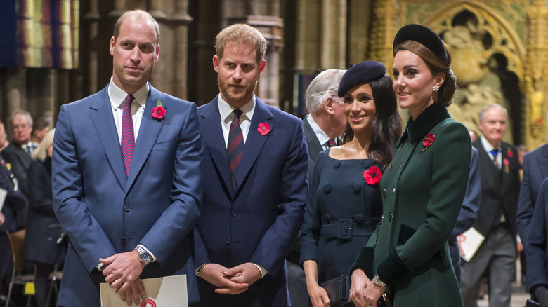 Prince William, Prince Harry, Meghan Markle, Kate Middleton standing together