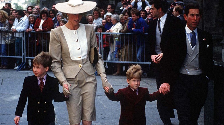 Princess Diana, Prince Charles, Princes William, Prince Harry walking