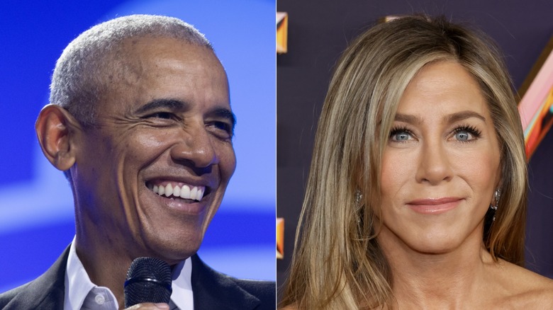 Barack Obama and Jennifer Aniston, both smiling