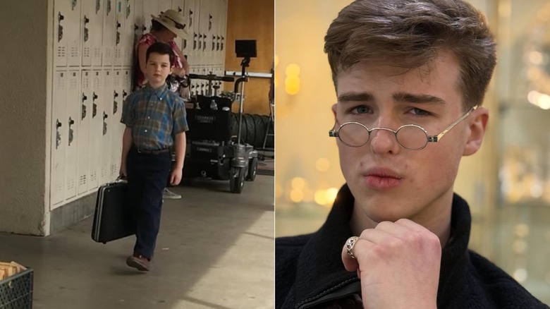 Side by side of Iain Armitage as a kid with a briefcase and a teenage selfie