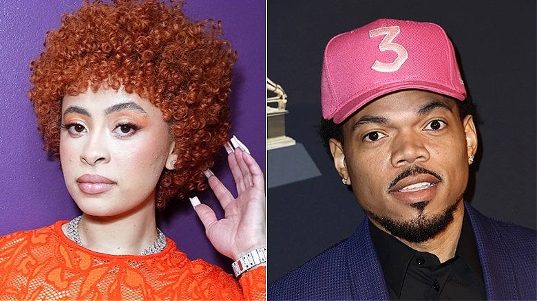 Ice Spice wearing a red dress, Chance the Rapper wearing a blue suit and pink hat; separate photos