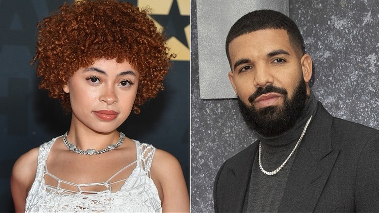 Ice Spice wearing a white dress, Drake wearing a dark suit, separate photos