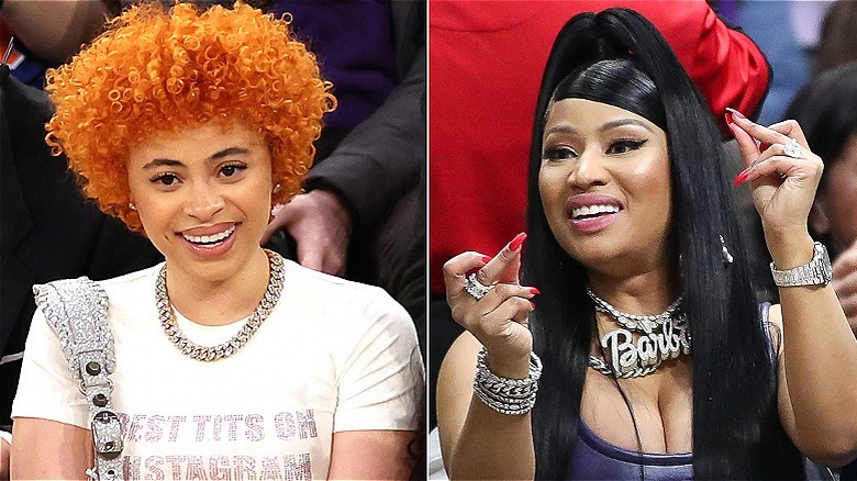 Ice Spice at a basketball game, Nicki Minaj in separate photo at a game