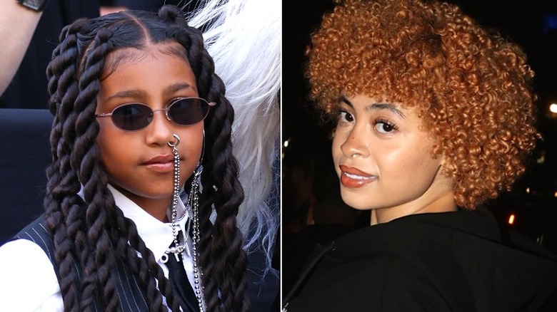 North West wearing a nose ring, Ice Spice wearing a black hoodie; separate photos